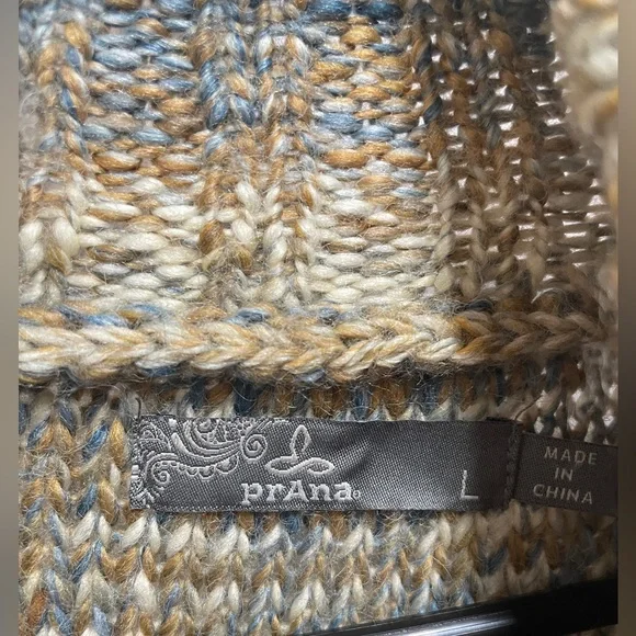 Prana Cowl Neck Cream and Blues Oversized Wool Blend Size Large Sweater - Picture 2 of 5